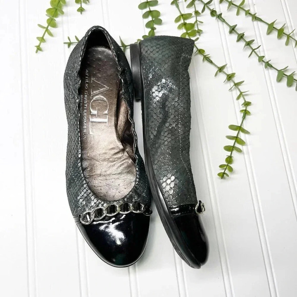 AGL Black Patent & Metallic Snakeskin Slip On Ballet Flats Women's US Size 6.5 - Picture 4 of 9